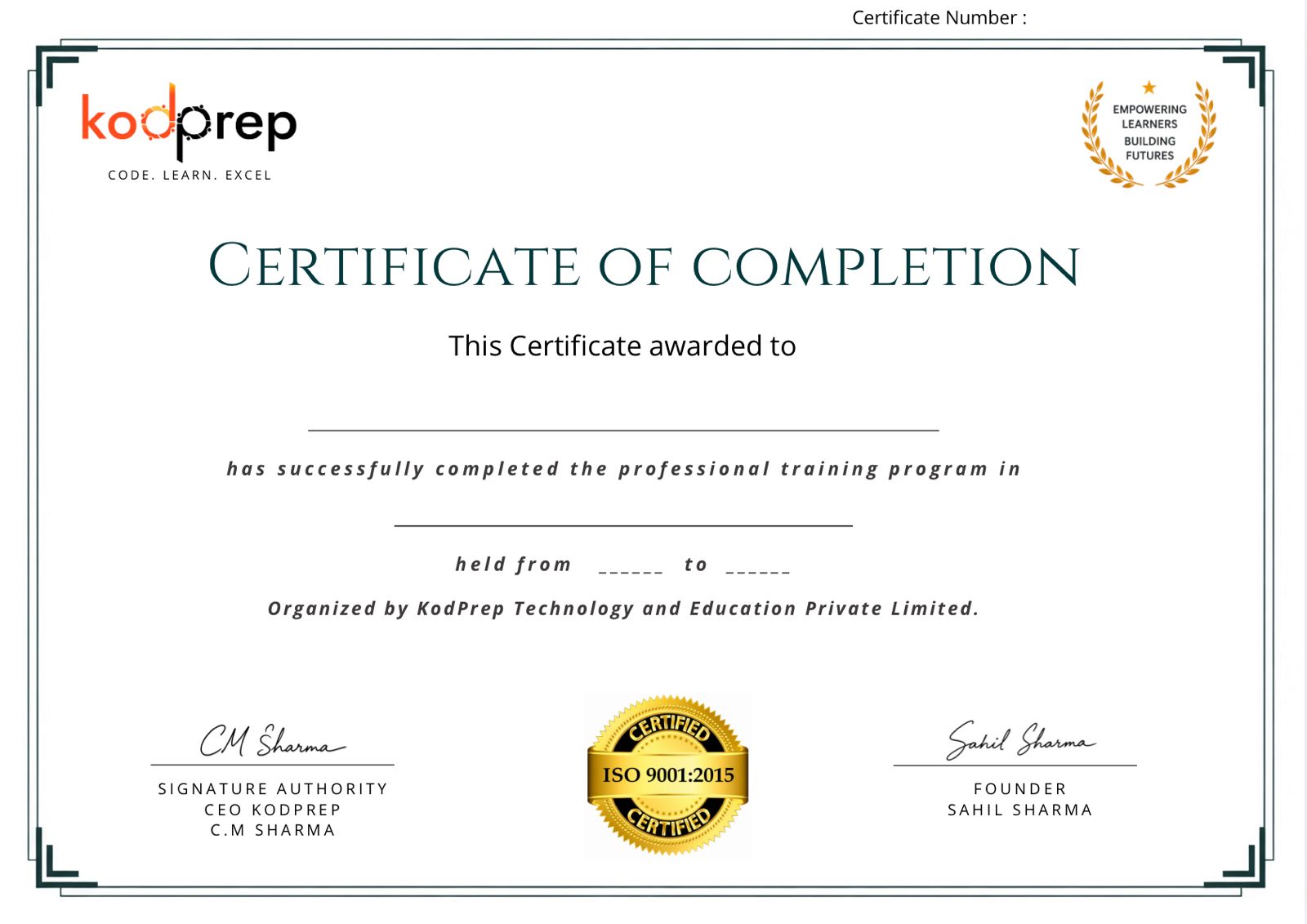 KodPrep Certificate of Completion — sample